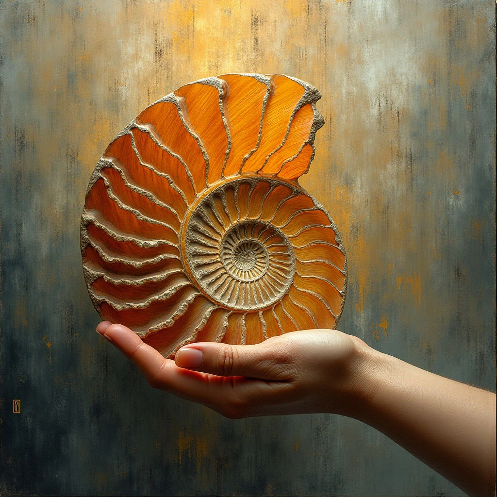 The image features a hand holding a nautilus shell with a warm orange and brown coloration against a mottled background of gray and gold tones. The shell exhibits a smooth, polished texture contrasted by the rougher edges of its chambers, while the hand appears soft-skinned and slightly blurred. Light seems to originate from above, casting subtle shadows on both the shell and the hand, and the spatial relationship suggests the shell is being presented forward within a shallow depth of field.