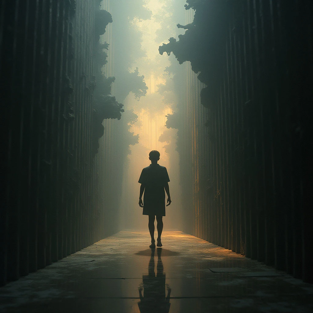 A lone figure walks down a long, narrow corridor lined with tall, dark structures. The path is illuminated by a bright light at the far end, shrouded in mist and fog. Their reflection stretches out before them on the smooth, wet floor, emphasizing their solitary journey.