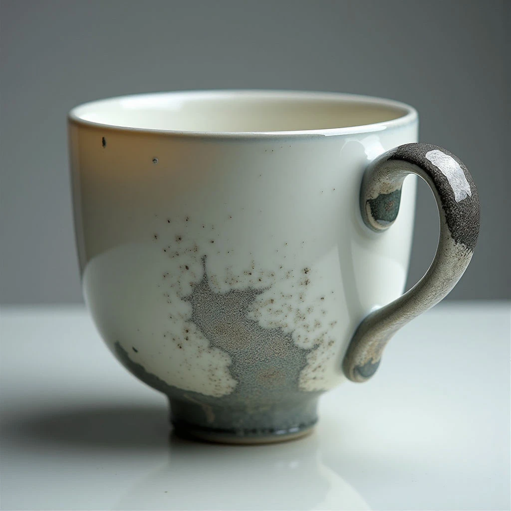 A large, rounded ceramic mug sits on a reflective surface. The mug is mostly white with a gray and speckled band around the lower portion, and features a dark, looping handle. Small imperfections dot the glaze, giving it a handmade quality.