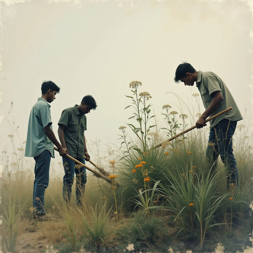 Three young men stand amongst tall, dry grasses and flowering plants on a hazy day. Each holds a long-handled broom or rake and appears to be clearing the area around clusters of orange marigolds. The scene has a quiet, contemplative quality with muted tones and a soft focus.