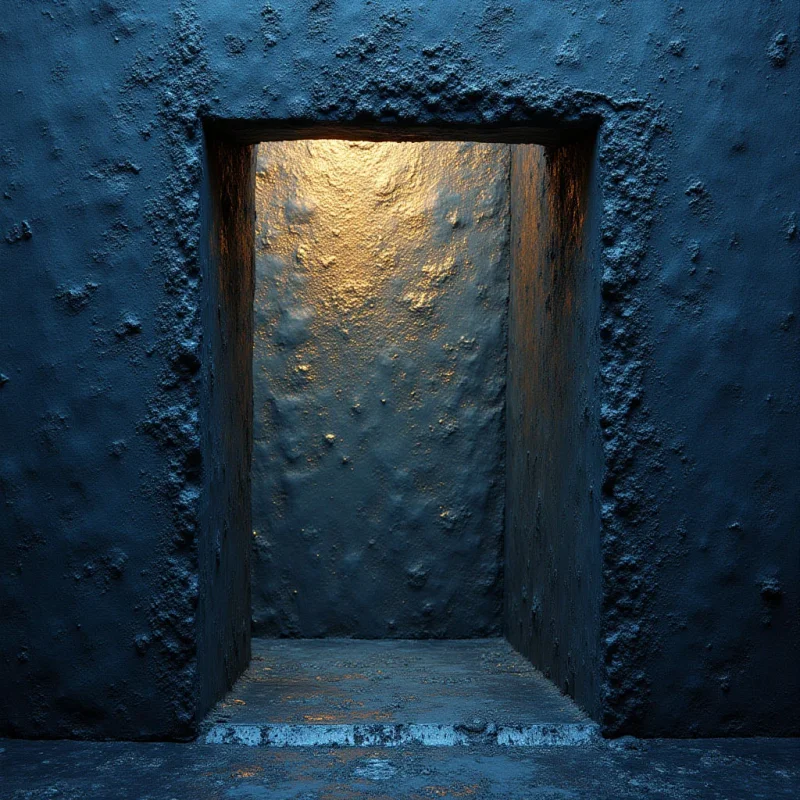 A rough, dark blue textured wall features a rectangular opening that reveals a smaller interior space. Inside the alcove, a warm golden light illuminates a similarly coarse surface, creating a sharp contrast between the cool exterior and the glowing center. The composition is centered around this recessed frame, emphasizing the depth between the outer wall and the illuminated back plane.