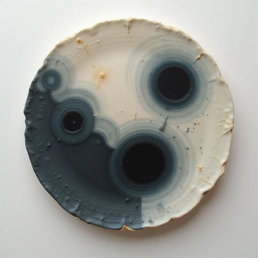 A roughly circular, off-white object with dark blue and grey concentric rings is shown against a white background. Three darker circles are embedded within the pattern, appearing like holes or focal points. The edges of the object are uneven and textured, suggesting it’s a natural material rather than perfectly formed.