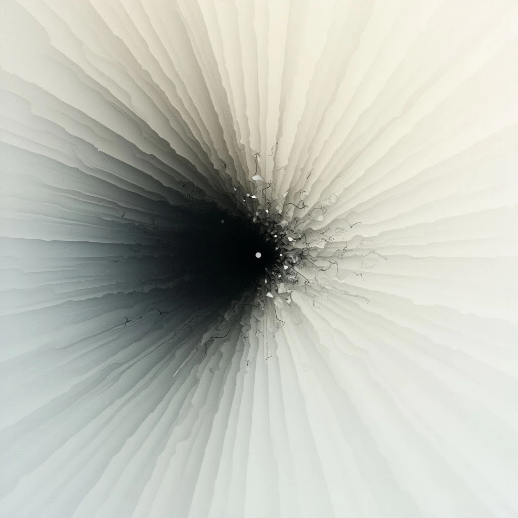 A dark void is centered within a radiating burst of light and shadow. Lines emanate outwards from the darkness, gradually becoming lighter towards the edges of the frame. The overall effect resembles an explosion or implosion captured in grayscale tones.