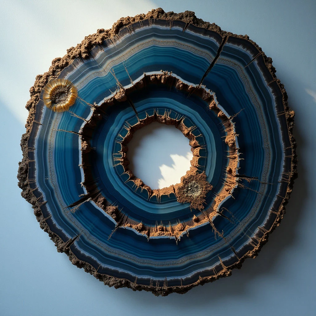 The image features a circular cross-section of layered material with concentric rings primarily in shades of blue and brown. Rough, uneven textures define the outer edges while smoother bands characterize the interior layers, creating a contrast between natural and polished surfaces. Light appears to originate from above and slightly to the left, casting shadows within the central opening and highlighting the varying depths of the ring structure against a pale background.