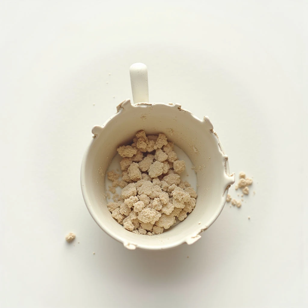 A chipped, pale mug holds a small pile of dry, granular material at the bottom. Some of the same material is scattered around the inside of the mug and on the surface below. The overall tone is very light and neutral in color.