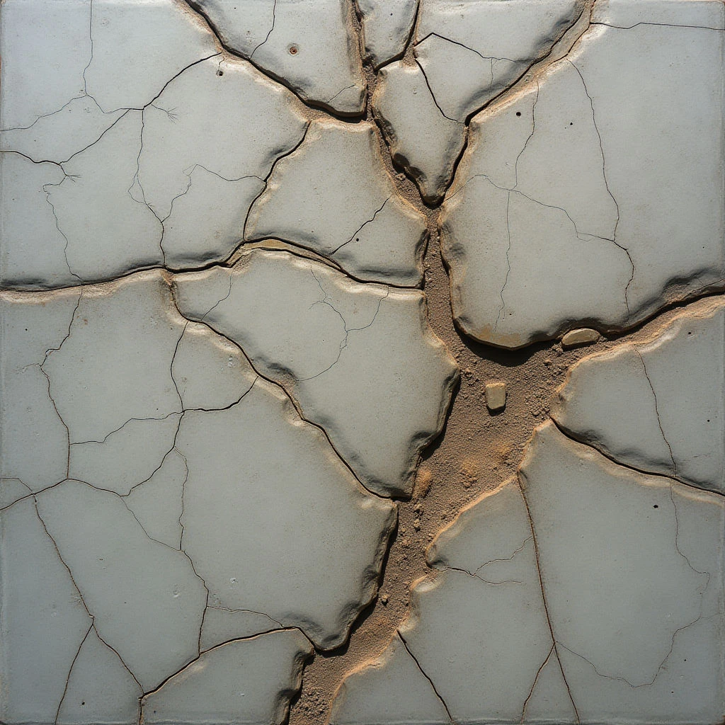The image is dominated by muted gray tones with variations in shade suggesting subtle shifts in surface elevation and shadow. A network of fine cracks covers the majority of the field, contrasting with larger fissures that reveal a sandy brown material beneath. Light appears to come from above, creating highlights on raised areas and deepening shadows within the crevices, emphasizing the three-dimensional texture of the broken surface.