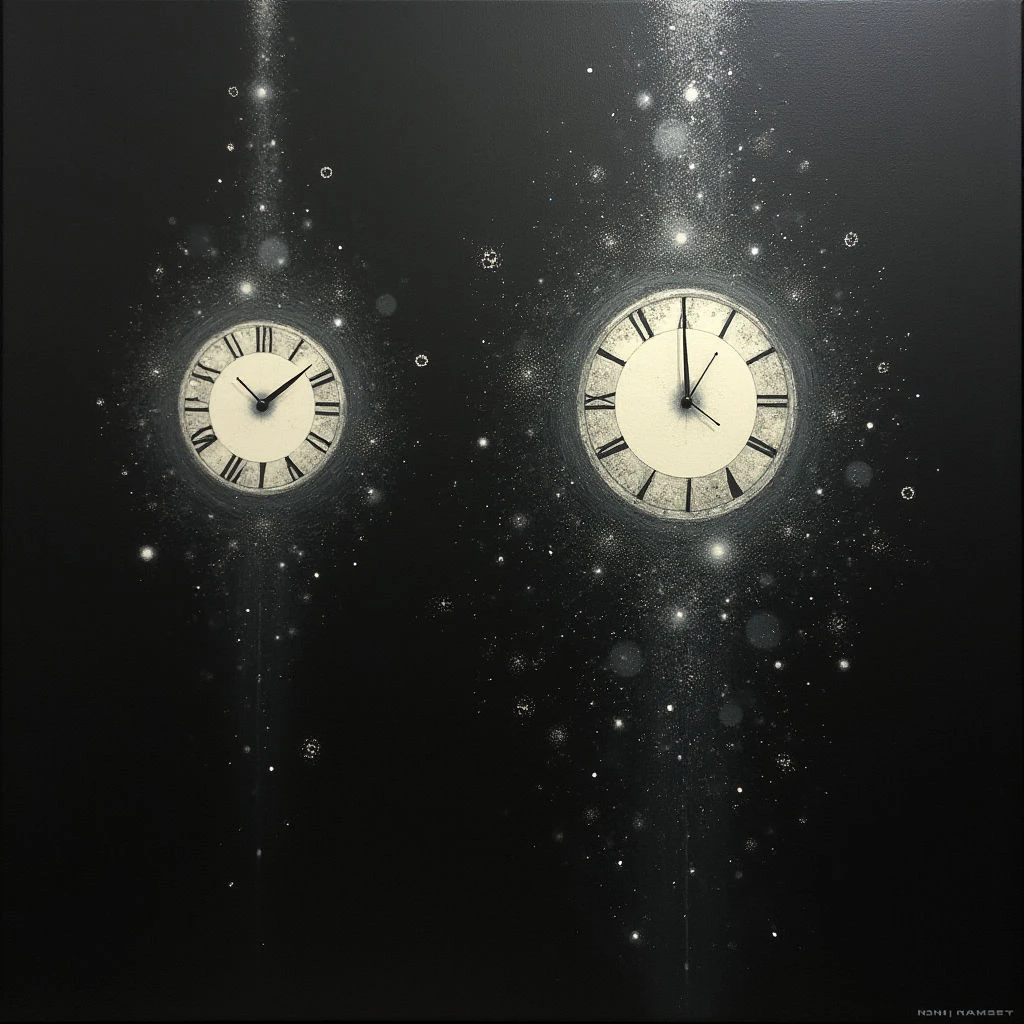 Two ornate clocks float against a dark, speckled background reminiscent of space. One clock displays approximately 10:58, while the other shows just before midnight with its hands pointing upwards. Streaks of light and glittering particles drift around them, creating a sense of magic or transition.
