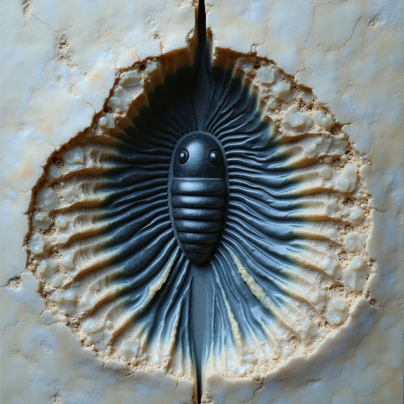 A dark, charcoal-gray trilobite form with ribbed textures and rounded segments is centered within a circular indentation in a light beige, stone-like surface. Radiating lines extend from the central figure into the surrounding textured cavity, creating a sunburst pattern of grooves. The composition features high contrast between the smooth, dark centerpiece and the rough, cream-colored material that frames it.