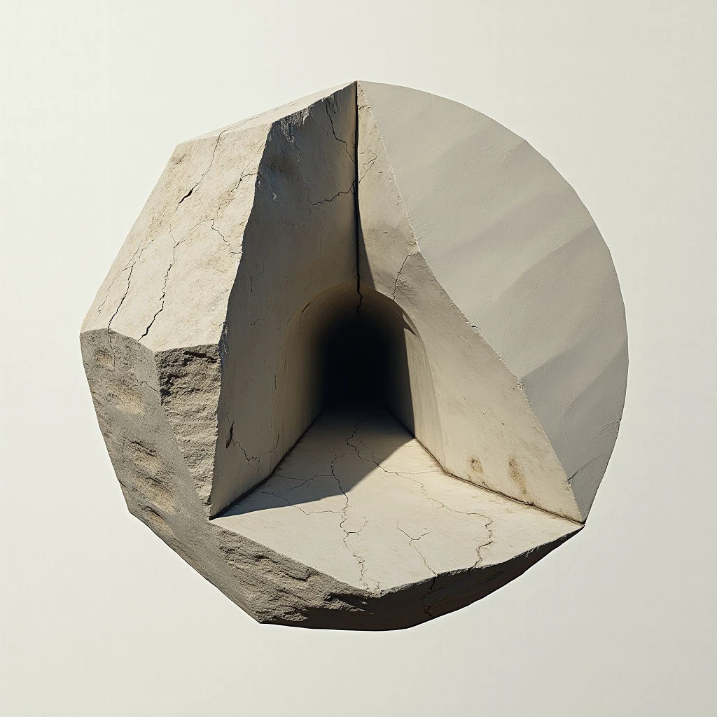 A large, geometric stone form is suspended against a pale background. The sculpture has been carved with angled facets creating a tunnel-like opening that leads into shadow. Cracks and rough textures contrast with the smooth planes of the stone, suggesting both fragility and monumental weight.