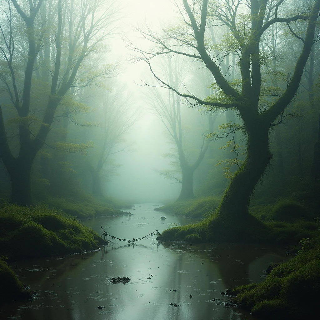 A quiet stream winds through a dense, misty forest. Tall trees line the banks, their branches reaching upwards and disappearing into the fog. The ground is covered in lush green moss, creating a serene and secluded atmosphere.