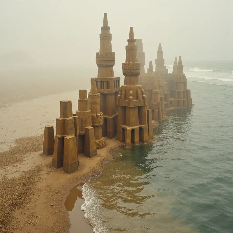 The scene features a series of weathered, tan structures rising from a sandy beach and partially submerged in teal water. The forms are primarily geometric—towers, blocks, and spires—with rough textures suggesting erosion and age. A pale, diffuse light permeates the image, creating a hazy atmosphere that obscures distant details and softens contrasts between surfaces.