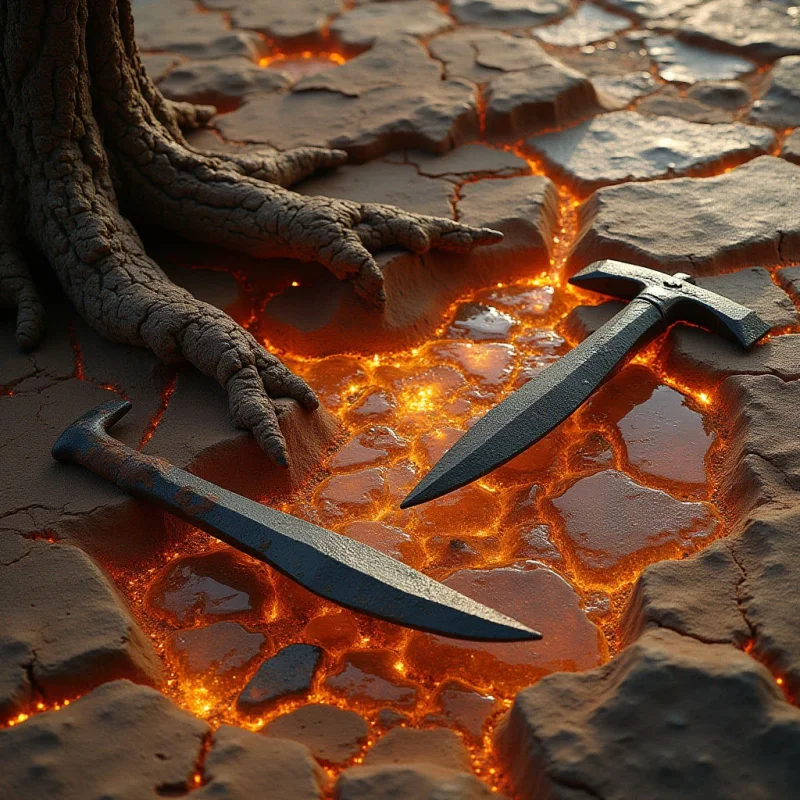 Two dark, metallic blades rest upon a parched, cracked earth surface where glowing orange light emanates from the fissures. Thick, textured tree roots extend from the upper left corner across the uneven terrain toward the center. The composition features sharp geometric shapes of the weapons contrasting against organic forms and a warm, luminous color palette of amber and charcoal.
