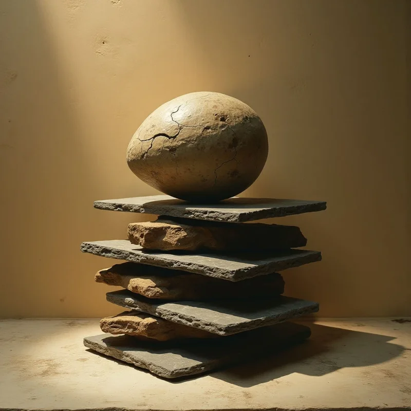 The image features a stack of roughly rectangular, slate-colored stones topped by a spherical object with a cracked, pale beige surface. Warm, golden light illuminates the arrangement from the upper left, creating strong shadows that emphasize the textures of the stone and define the forms. The objects are positioned on a neutral-toned surface, with spatial relationships suggesting they are indoors against a similarly colored wall.