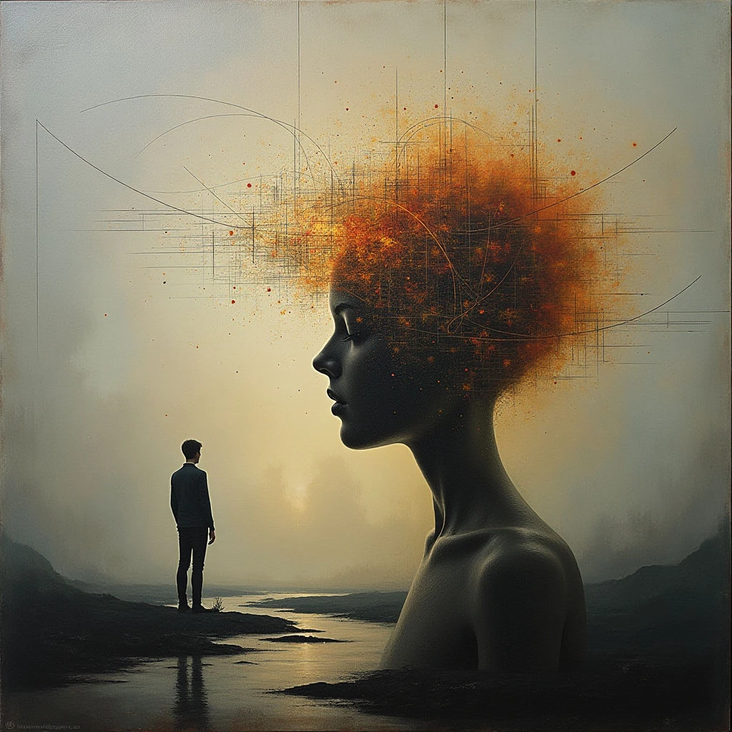The image features a dark-skinned profile of a head and neck alongside a small figure standing in a landscape. Warm orange tones dominate the “hair” section which appears fragmented, contrasting with cooler grays and browns in the background and the figure’s clothing; thin gold lines overlay a portion of the composition forming geometric shapes. A soft light source behind the figures creates subtle reflections on the water and highlights the contours of the head, while spatial depth is suggested through diminishing scale between foreground and distant hills.