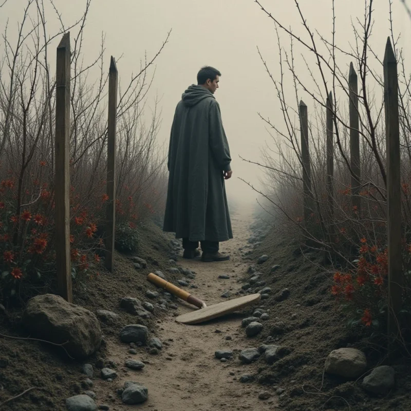 A solitary figure in a long, dark grey coat stands on a dirt path flanked by wooden posts and thin, leafless branches. The color palette is muted and desaturated, dominated by earthy browns, greys, and deep reds from sparse foliage against a hazy, pale background. A soft, diffused light eliminates harsh shadows, creating a sense of depth within the narrow, enclosed spatial arrangement of the path.