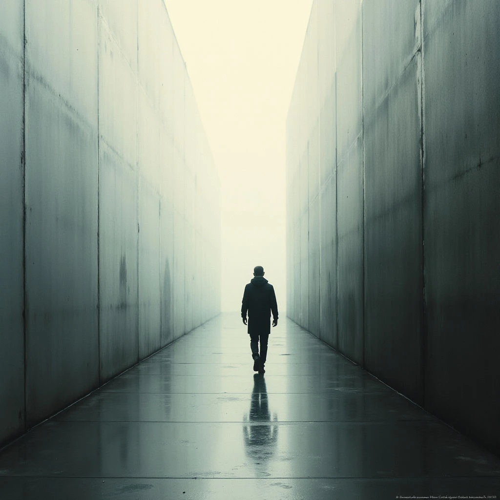 A lone figure walks away from the viewer down a long, narrow corridor with tall concrete walls on either side. The hallway is bathed in soft, diffused light that seems to emanate from the distant end, creating a sense of isolation and vastness. The polished floor reflects the figure's silhouette, emphasizing their solitary journey into the unknown.