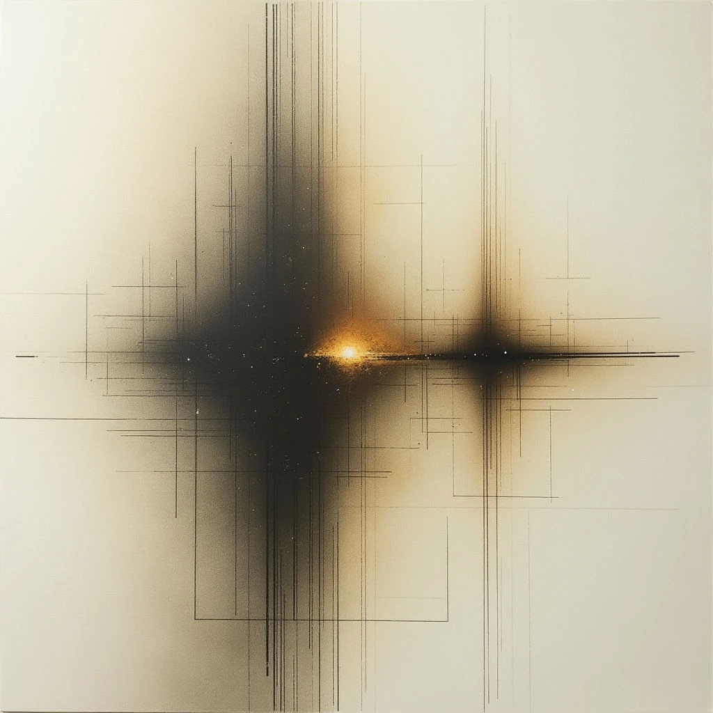 A bright, golden light bursts from a dark center on an off-white background. Thin, intersecting black lines radiate outward from the light source, creating a grid-like pattern that fades into soft shadows. The overall impression is of an explosion or starburst contained within a structured space.