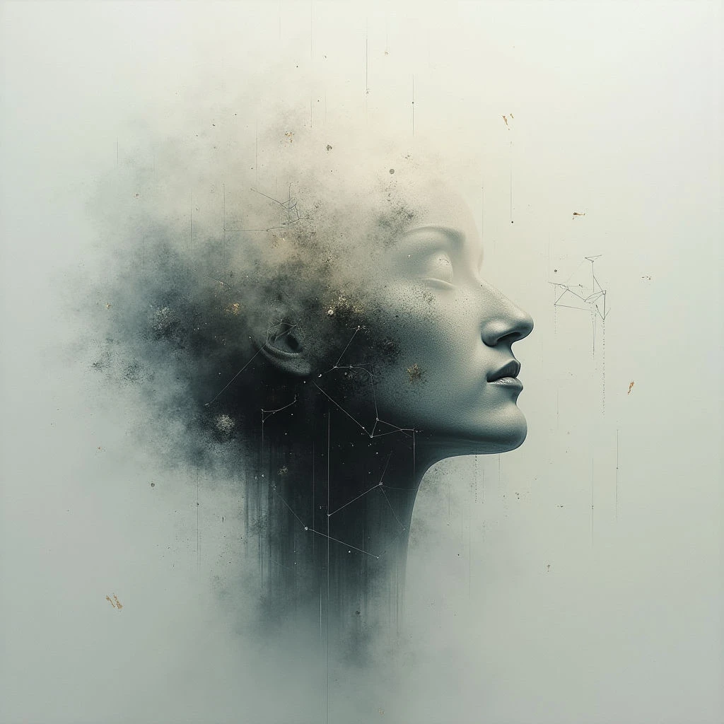 A woman’s face is depicted in profile, fading into a cloud of dark particles on one side. Fine lines connect points within the shadowy area, resembling circuitry or constellations overlaid onto her form. The overall tone is muted and ethereal, with a sense of disintegration and reconstruction.