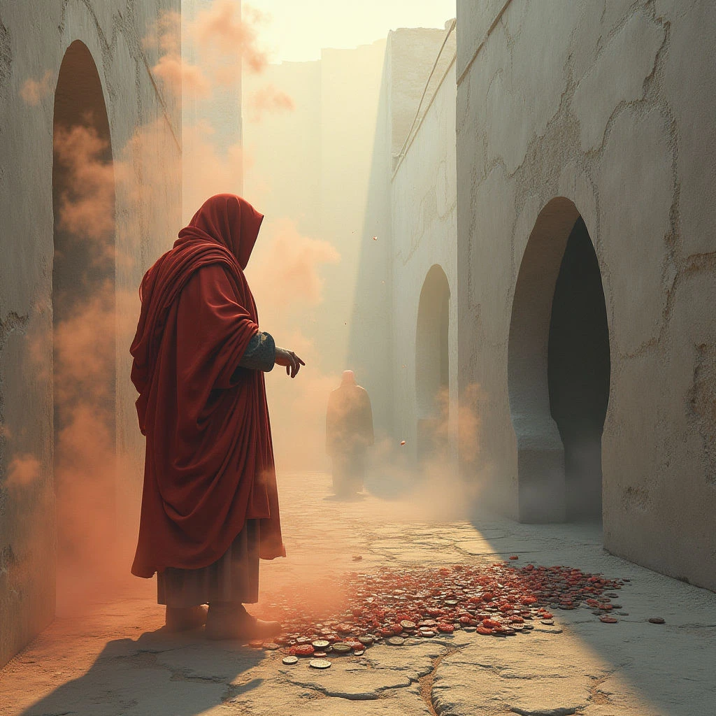 The scene depicts a narrow passageway with pale, roughly textured walls and repeated arched openings receding into the distance. Warm orange tones dominate in the figure’s draped clothing and swirling dust or smoke, contrasting with the cooler beige of the architecture and ground. Light streams from an unseen source at the far end, creating strong shadows and illuminating scattered circular objects on the floor while figures are partially obscured by haze along the path.