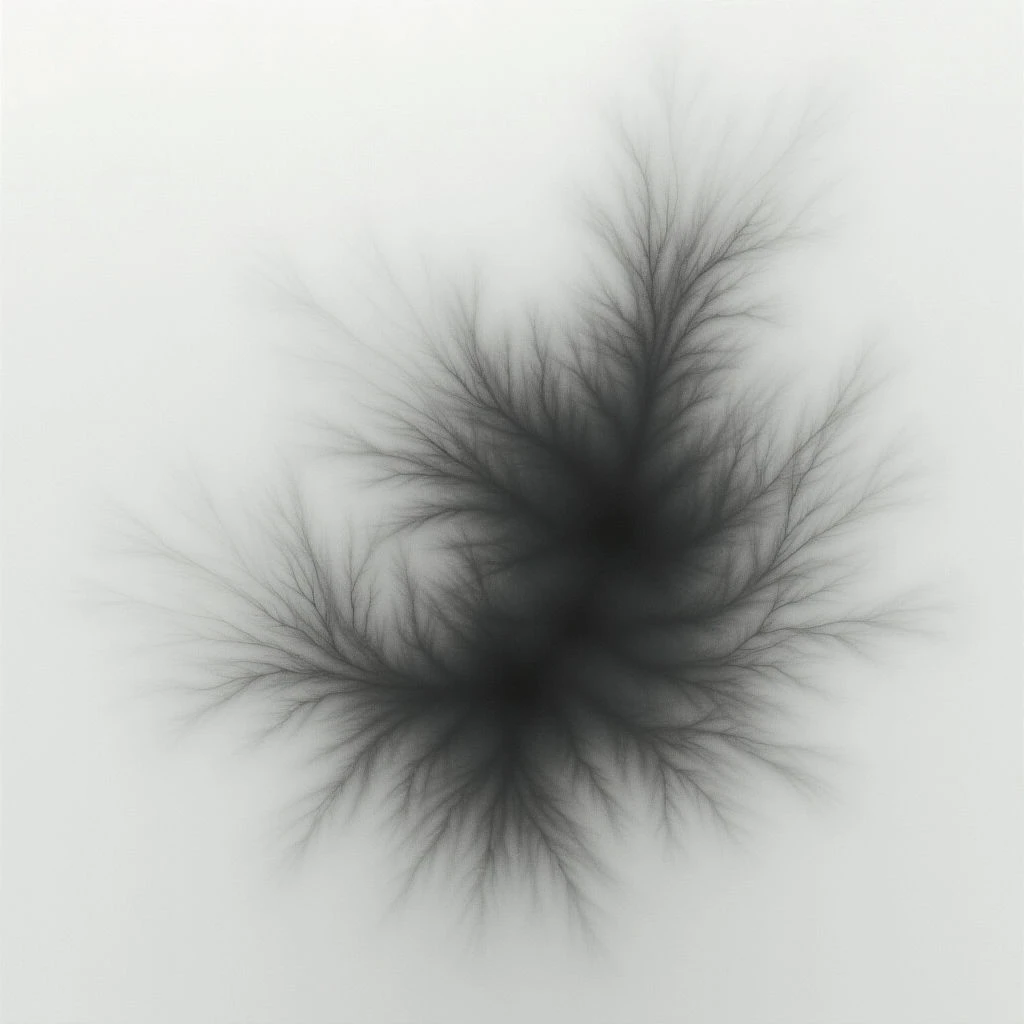 A dark, nebulous shape dominates the center of a pale background. Fine, hair-like tendrils radiate outwards from the core, gradually fading into nothingness. The overall effect is soft and ethereal, like smoke or a distant cloud.