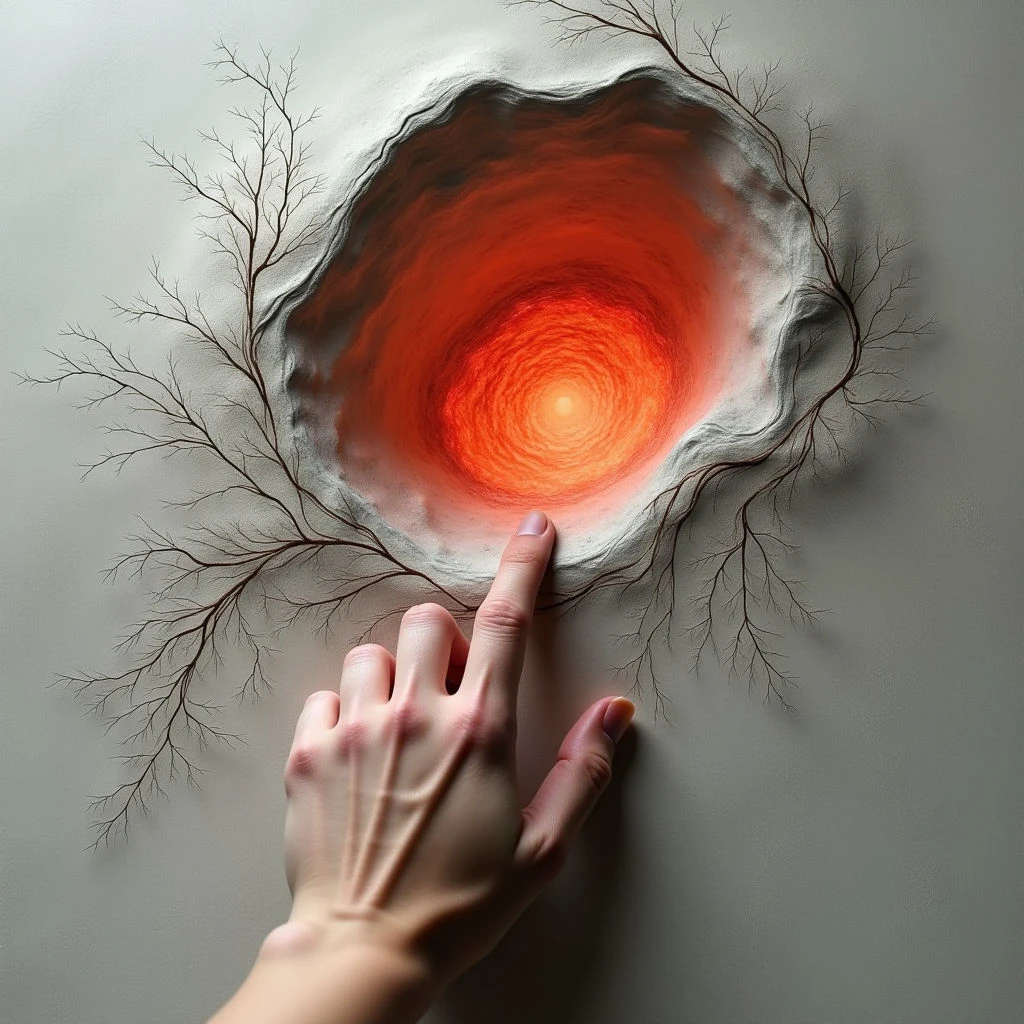 The image features a central cavity in a smooth, grey surface with warm tones of orange and red radiating from within. Dark, branching forms resembling bare tree limbs frame the opening, contrasting with the soft texture of cloud-like edges around it. A human hand extends towards the center, appearing to interact with the illuminated space, creating a sense of depth and proximity.