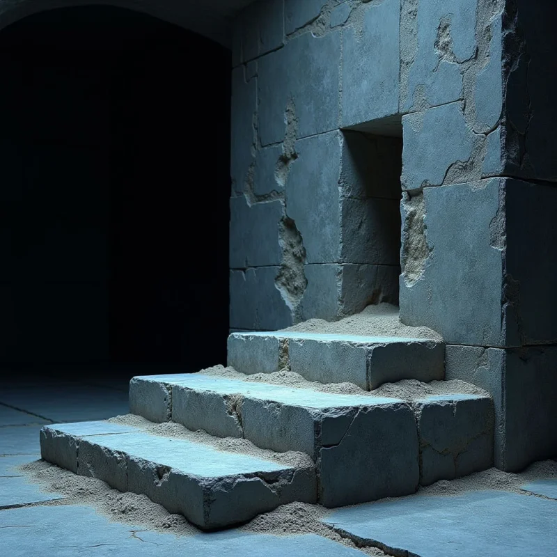Cool blue and slate gray tones dominate a scene of weathered stone blocks and uneven stairs. Rough, granular textures from sand or grit cover the surfaces of cracked, rectangular masonry. A stark contrast exists between the bright, side-lit architectural elements and the deep, impenetrable darkness of an adjacent void.