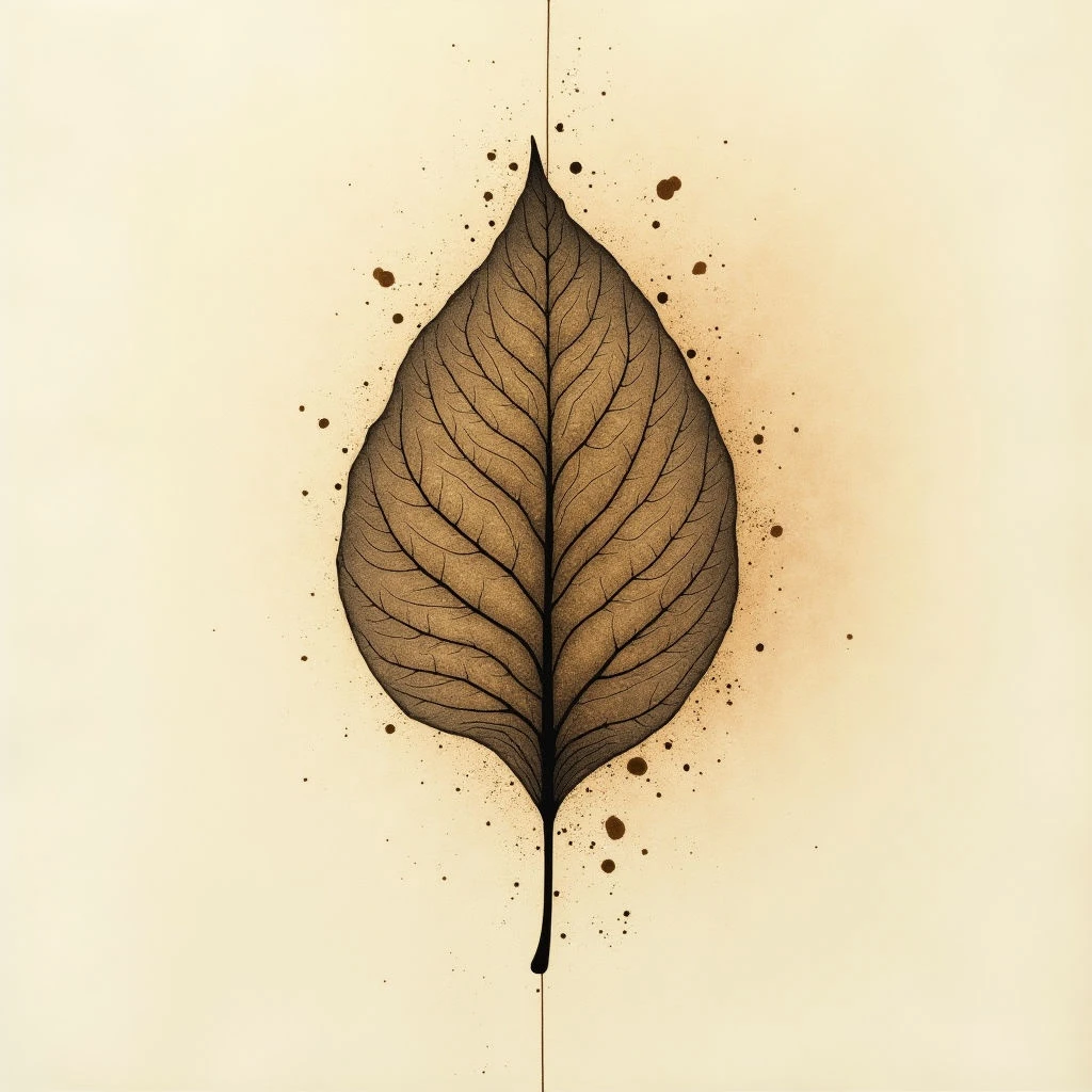 The image features a centrally placed leaf rendered in shades of brown against a pale beige background. Fine lines detail the veining within the leaf’s teardrop shape, creating a textured contrast with its smoother outer form and surrounding space. Scattered dark speckles appear around the leaf, diminishing in density away from its center; a vertical line bisects the composition.