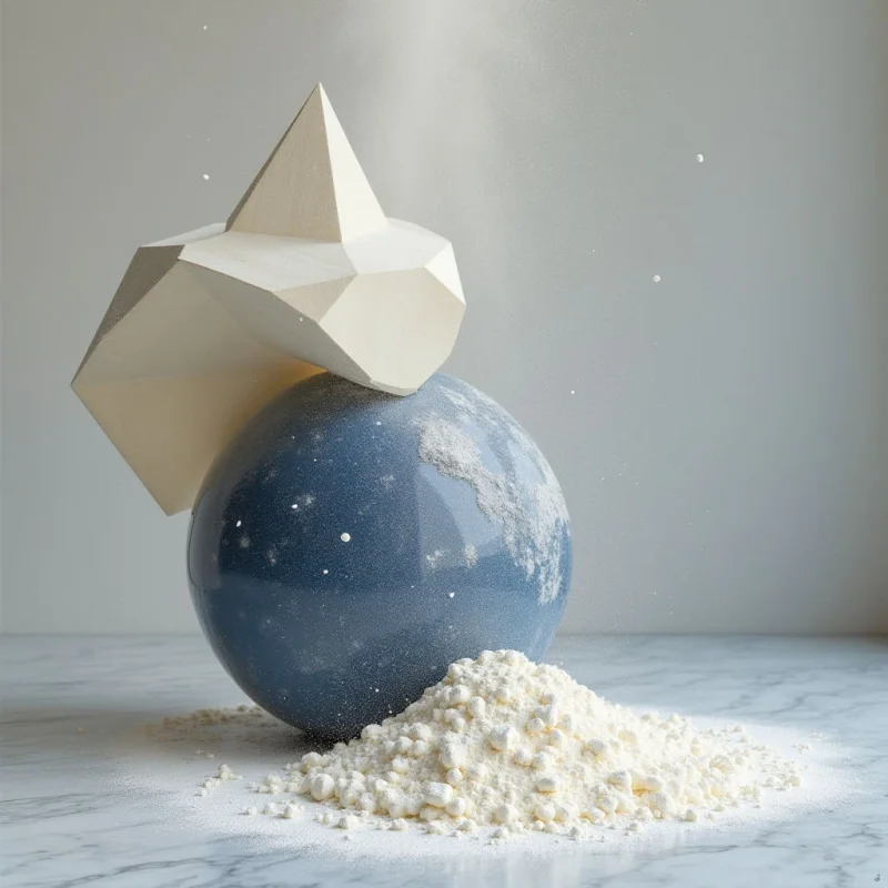 The image features a dark blue spherical form resting on a white granular pile set against a pale gray backdrop. A light-colored, angular geometric shape is balanced atop the sphere, appearing to be constructed from layered material with visible edges. Soft, diffused light illuminates the scene, creating subtle shadows and highlighting the textures of both the smooth sphere and the powdery base.
