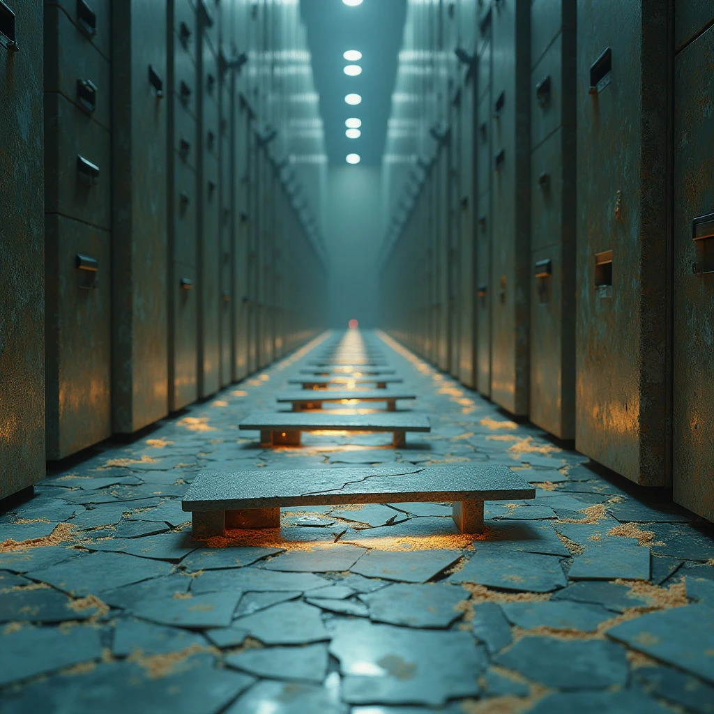 The image depicts a long corridor lined with rows of dark, rectangular cabinets extending into a hazy distance. A cracked stone floor runs the length of the space, illuminated by small, warm orange lights positioned between each cabinet and along its center, creating strong linear perspective. Cool blue tones dominate the overall palette, contrasted by the warmer light sources which highlight textures in both the cabinets’ surfaces and the uneven flooring.