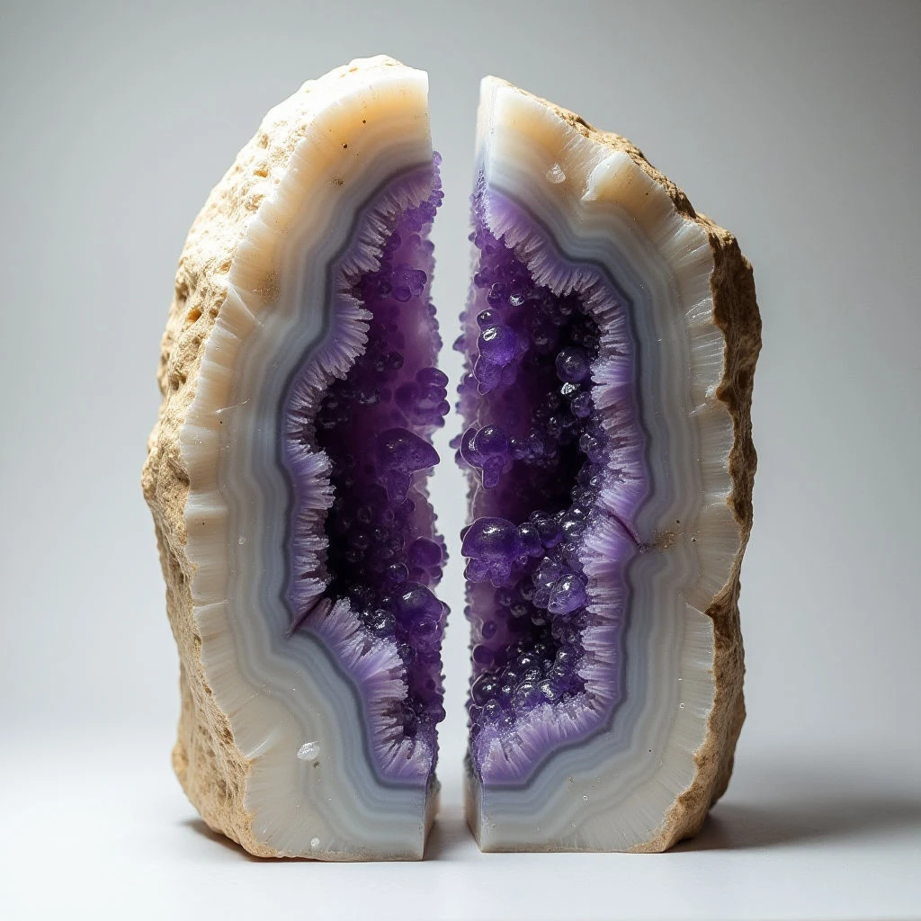 The image depicts a cleaved geode with rough, porous outer layers in shades of beige and cream surrounding central cavities filled with amethyst crystals. The crystals are varying tones of purple, clustered densely within the smooth, banded interiors which transition from white to lavender. Light appears diffused and even, highlighting the textures of both the jagged exterior rock and the faceted crystal formations; the two halves sit close together on a neutral gray surface.