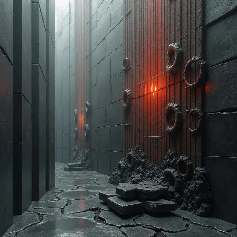 The scene is dominated by cool gray tones contrasted with warm red accents on one wall comprised of vertical planks and embedded circular forms. Rough, uneven stone textures are prevalent in the flooring and large block structures defining the space, while softer, more granular textures appear around clustered objects near the base of the walls. Sparse points of bright orange light emanate from fixtures along the red wall, creating a sense of depth within the narrow corridor and highlighting the spatial recession towards a hazy background.