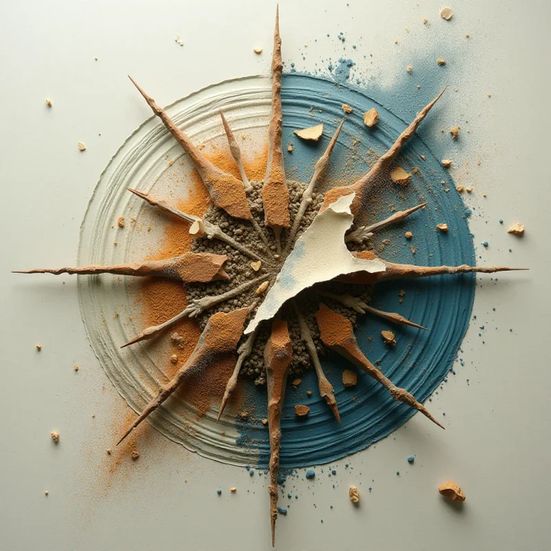 A central starburst of jagged, pointed forms radiates outward from a textured core of coarse sand and grit. The composition is split by color, with warm ochre tones on the left contrasting against cool teal hues on the right, all set against a smooth off-white background. Concentric circular ridges anchor the center, while scattered fragments and fine dust create a sense of motion across the flat plane.