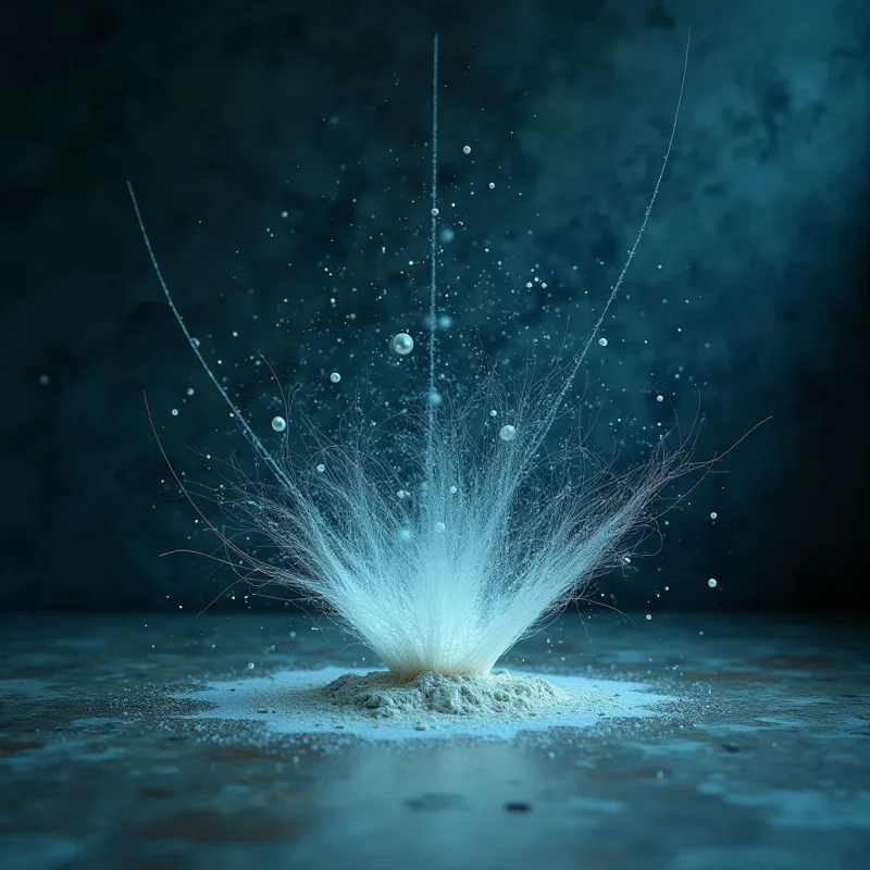 The image features a burst of pale blue particles emanating from a central mound on a dark, textured surface. Light appears to originate from within the particle cloud itself, creating highlights and casting subtle reflections on the surrounding plane. Shapes are primarily organic and radial, with fine lines extending upwards and outwards from the core, contrasted by the flat expanse of the background and base.