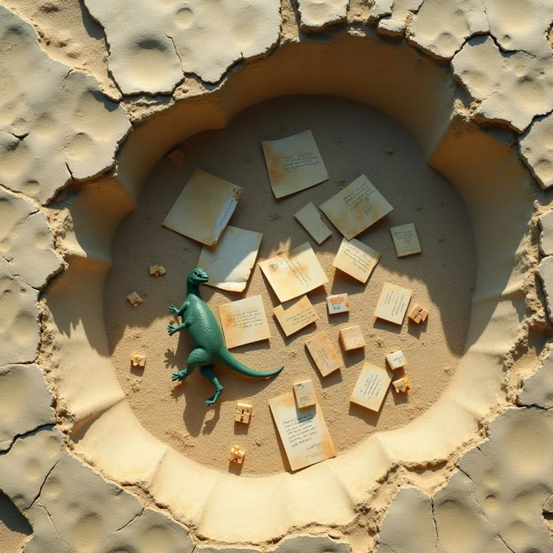 The scene is dominated by warm beige and tan tones, with a rough, uneven texture throughout the circular arrangement of sand. Scattered across the sandy surface are small rectangular slips of aged paper alongside miniature wooden blocks; a green plastic lizard rests near the left edge. Bright sunlight casts distinct shadows from all objects, creating a sense of depth within the contained space defined by a cracked, irregular border.