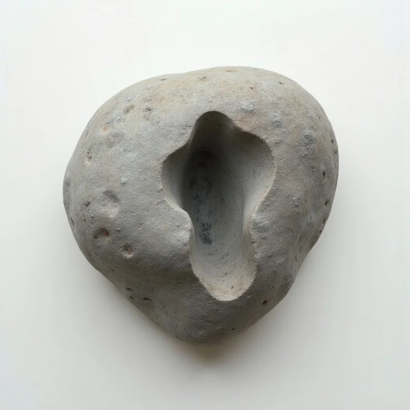 A roughly heart-shaped stone rests on a pale surface. A deep, irregular indentation carves into the center of the stone, creating a hollow space with darker tones within. The stone’s texture is porous and speckled, appearing weathered and worn.