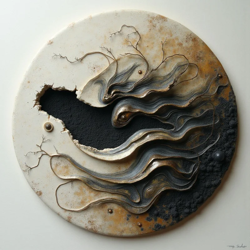 The work features a palette of creams, browns, blacks, and metallic grays arranged in a roughly circular form. Varied textures are present, ranging from smooth, layered surfaces to rough, granular areas, with delicate branching lines contrasting against more solid shapes. Light appears to come from the upper left, casting subtle shadows that emphasize the depth and three-dimensionality of the composition as forms emerge from a lighter background into darker recesses.