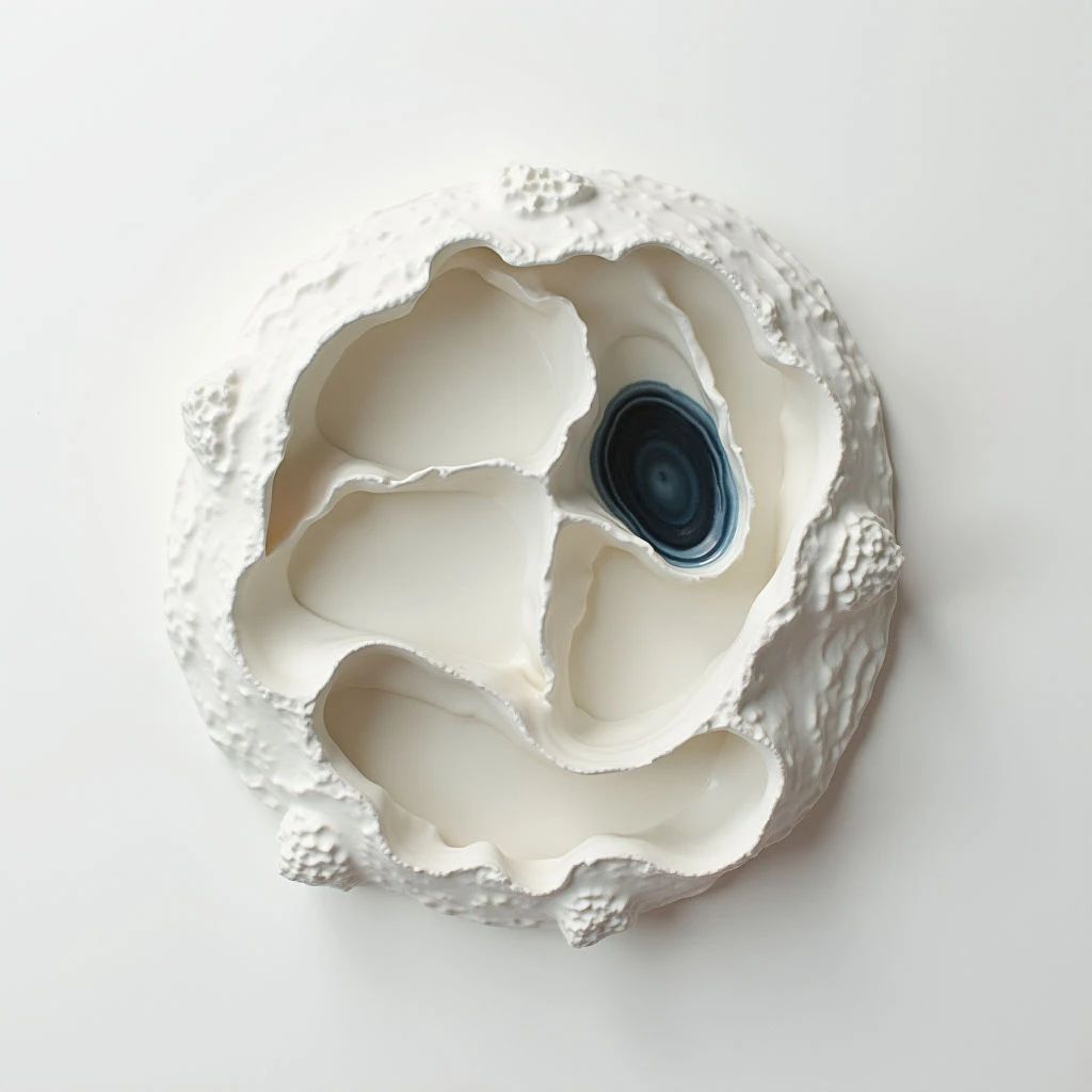 A roughly circular, textured white form dominates the frame, resembling a blossoming flower or an organic shell. Its interior is carved with swirling petal-like shapes that lead to a dark blue and gray concentric circle at its center. The piece appears to be mounted on a seamless white background, highlighting its sculptural qualities.
