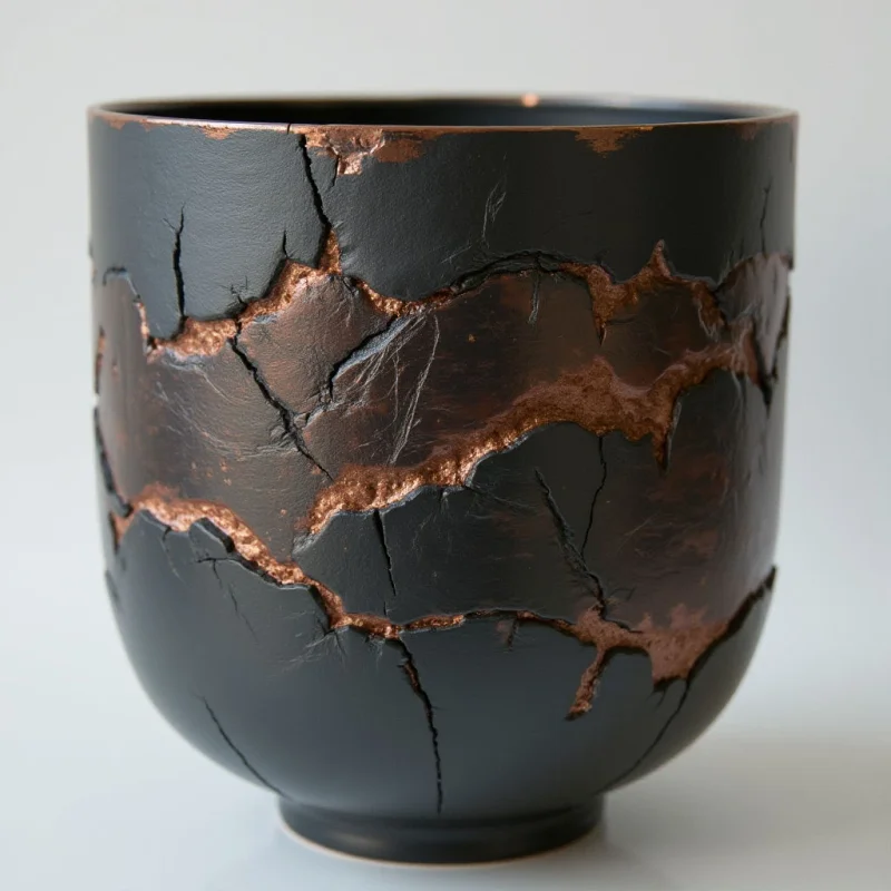 A matte black vessel features jagged, irregular fissures that reveal a textured, metallic copper interior. The dark surface is broken by these winding, organic cracks, creating a high-contrast interplay between the smooth charcoal exterior and the rough, shimmering bronze-toned recesses. Bright, even light illuminates the object against a neutral white background, emphasizing the depth of the crevices and the subtle grain of the materials.