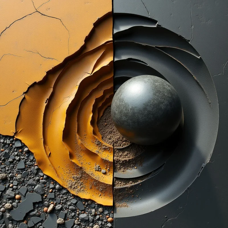 A split composition contrasts a warm ochre side with a cool charcoal grey side, divided by a vertical center line. On the left, cracked, layered textures of earth and fine sand form concentric, jagged ridges, while the right features smooth, sweeping curves surrounding a polished, spherical orb. Light falls from the upper left, casting soft shadows that define the depth of the circular grooves and the volume of the sphere.