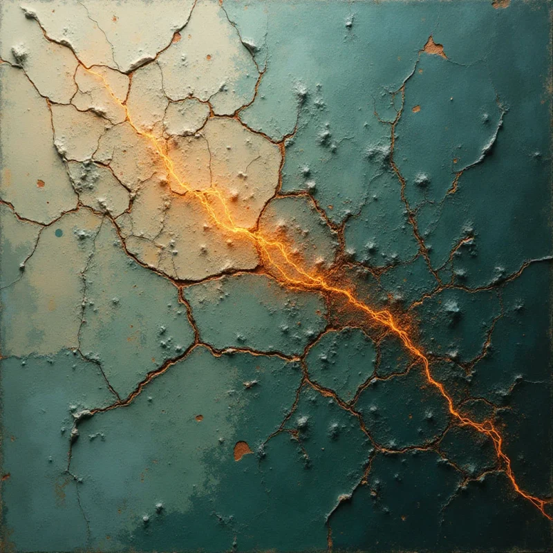 A jagged, glowing orange fissure cuts diagonally across a textured surface of teal and muted blue. The composition features rough, cracked patches with raised edges that create deep shadows and varying degrees of light. Light emanates from within the central crack, contrasting against the matte, granular texture of the surrounding dark tones.