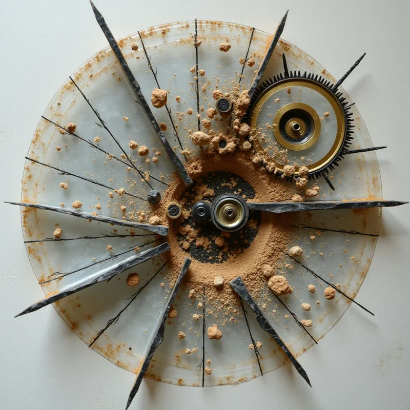 A circular arrangement of translucent white shards is layered with dark, pointed spikes and metallic gear components. Earthy tan granules are scattered across the surface, concentrated in a central ring that surrounds several small mechanical parts. Light falls evenly across the composition, highlighting the contrast between smooth surfaces, jagged edges, and grainy textures.