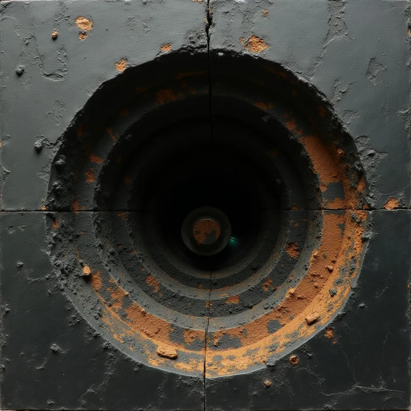 A dark gray, textured surface features a large circular indentation composed of concentric rings that recede toward a central dark void. Patches of coarse, orange-brown grit are scattered unevenly across the matte gray planes and within the grooves of the circular form. Dim, diffused light creates subtle shadows within the recessed layers, emphasizing the depth and rugged tactile quality of the material.