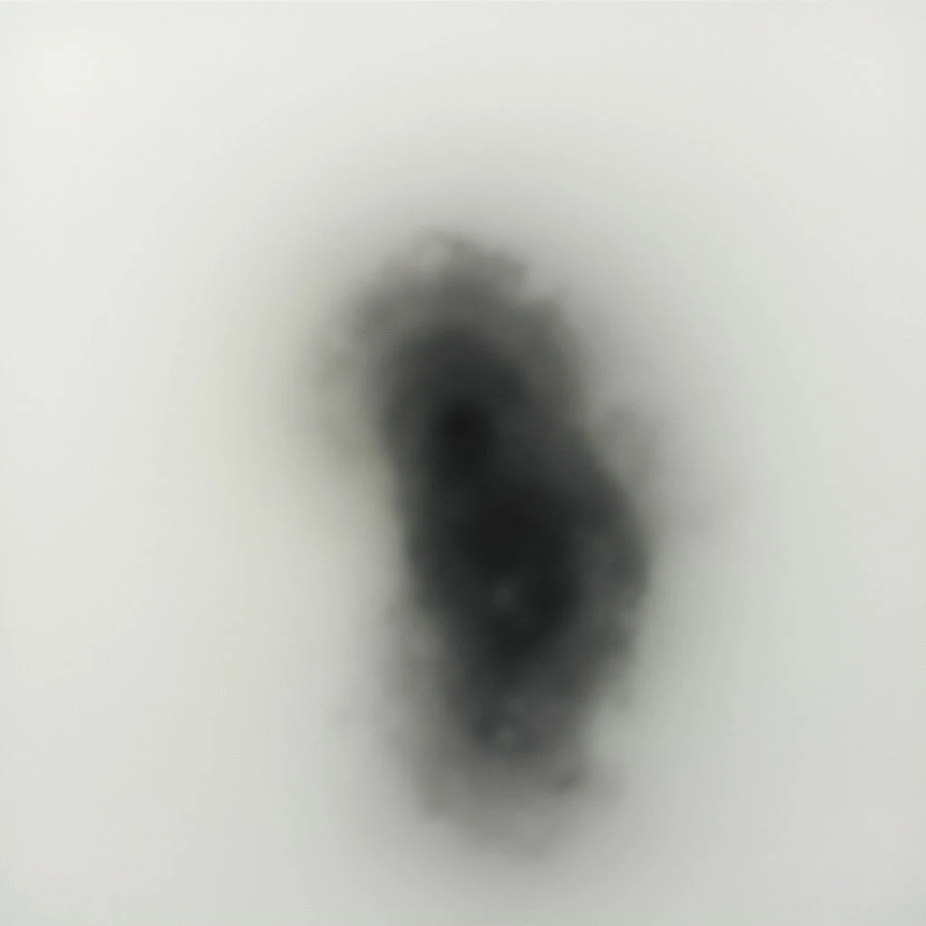 A dark, amorphous shape dominates the center of a pale background. The edges of the shape are heavily blurred, making it difficult to discern its exact form, though it appears vaguely organic. It's surrounded by a soft haze that blends into the lighter backdrop.
