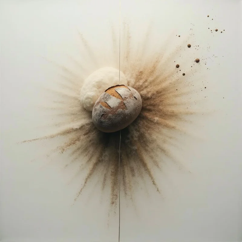 A loaf of bread appears to be exploding outward against a white background. Flour and crumbs radiate from the center, creating a starburst effect around the partially broken crust. The impact seems to have split the loaf slightly, revealing a soft interior beneath its outer layer.