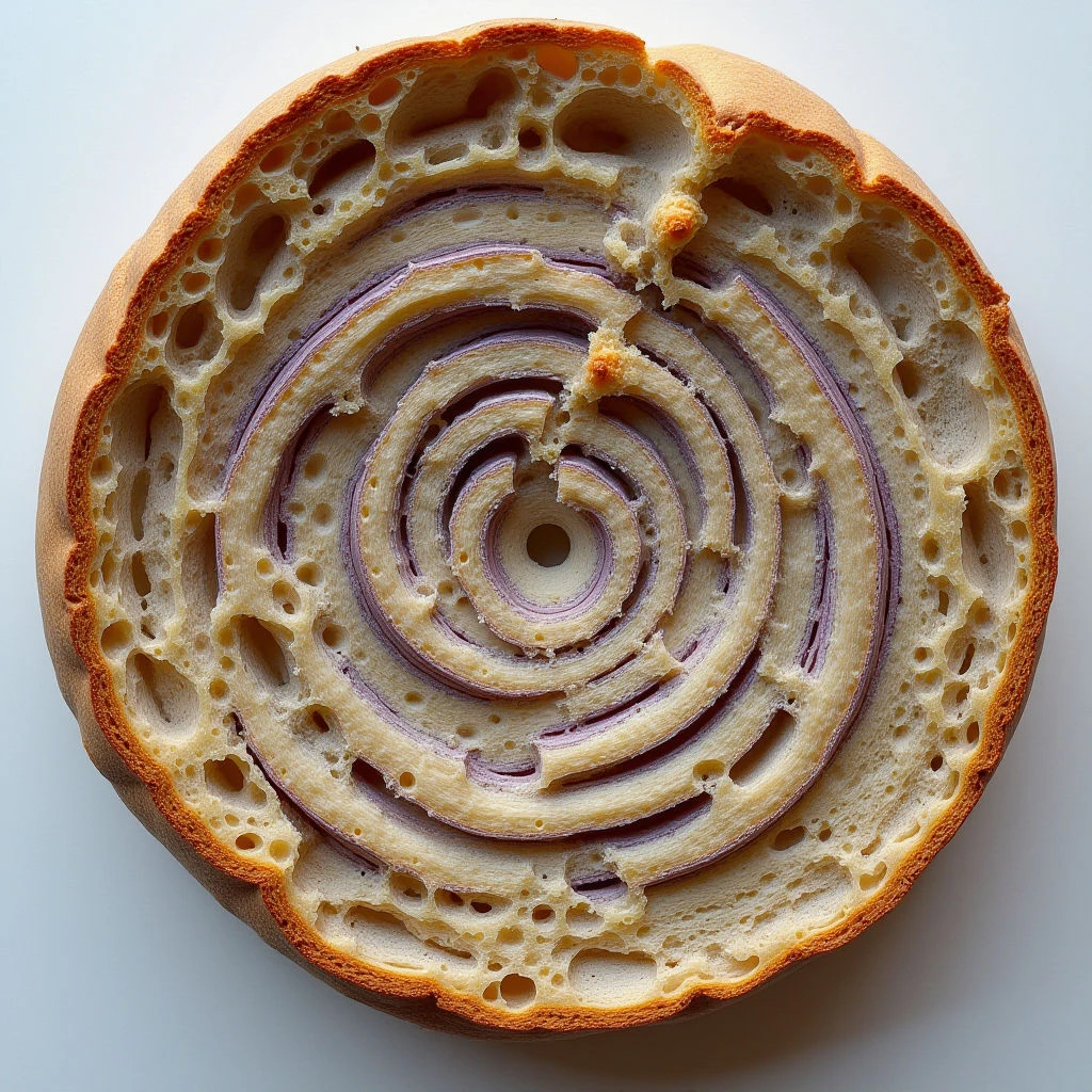 The image depicts a circular cross-section of bread with a swirling interior pattern. Warm golden browns and pale creams dominate the color palette, contrasted by concentric rings of lavender hues within the central spiral. The texture appears porous and uneven, particularly in the crust, while the light source is diffuse, creating soft shadows and highlighting the layered structure of the baked good.