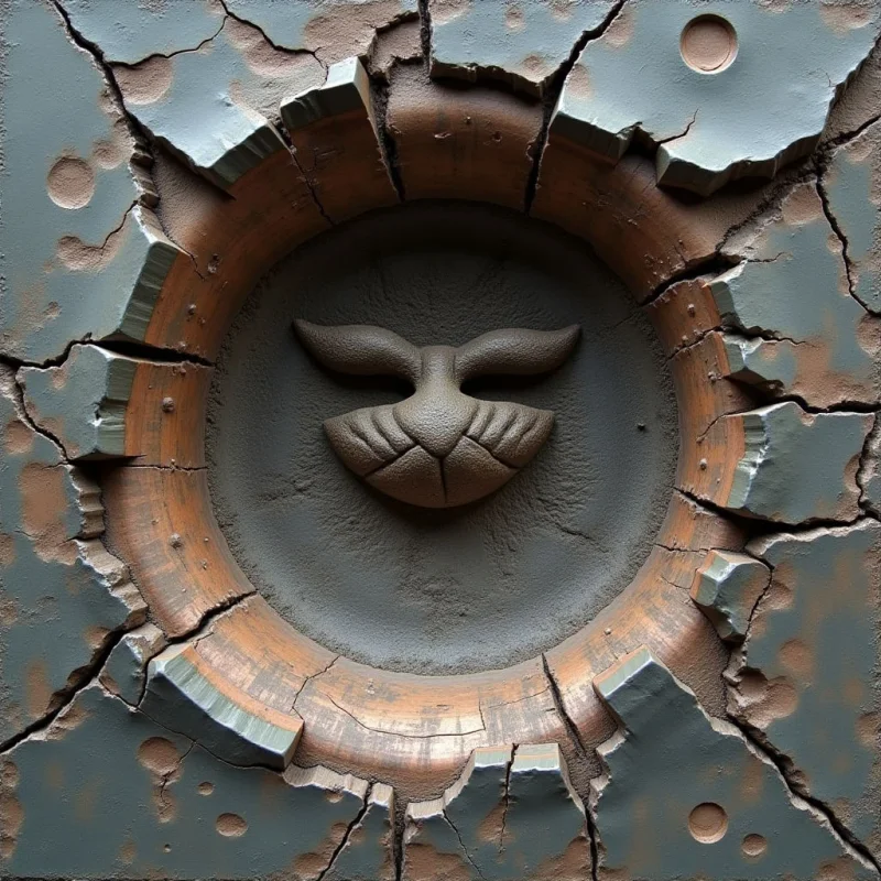 A central, dark grey relief of a stylized animal snout sits within a recessed circular cavity of smooth, muted earth tones. This inner circle is surrounded by jagged, fractured layers of slate-blue material that feature pitted textures and deep cracks. The composition uses soft, directional lighting to create shadows within the crevices and emphasize the three-dimensional depth of the concentric shapes.