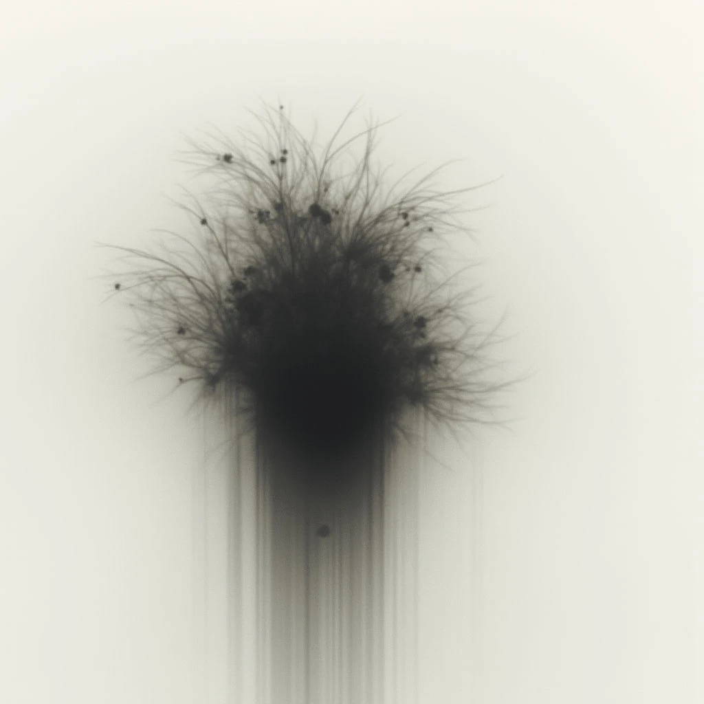 A dark, amorphous shape resembling a tangled bush or cloud hovers against a pale background. Thin lines extend downwards from the central mass like falling strands or rain, fading into a lighter gradient below. The overall effect is ghostly and indistinct, with small darker spots scattered throughout the form.