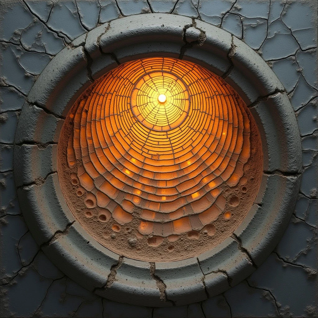 The image centers on a circular form embedded within a cracked, grey surface. Warm orange and yellow tones emanate from the interior of the circle, which is composed of concentric, brick-like shapes radiating outwards from a bright central point. The surrounding surface displays a rough, uneven texture contrasting with the smooth, repeating pattern inside the circle, and light appears to originate solely from within the circular structure, casting shadows on its edges.
