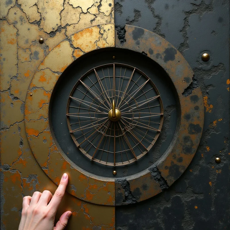 A circular metallic structure with thin radiating spokes is centered against a split background of weathered gold and dark charcoal surfaces. The composition features heavy textures of rust, cracks, and pitting across the matte-finished materials. A pale hand enters from the bottom left, pointing toward the textured ring that separates the two tonal halves.