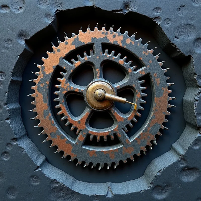 A large, rusted metal gear with jagged teeth is centered within a dark, circular crater in a textured gray surface. The composition features a contrast between the matte, pitted texture of the surrounding wall and the weathered, orange-brown oxidation on the metallic spokes and rim. Light falls from the side, casting deep shadows within the recessed opening and highlighting the irregular contours of the gear's central mechanism.